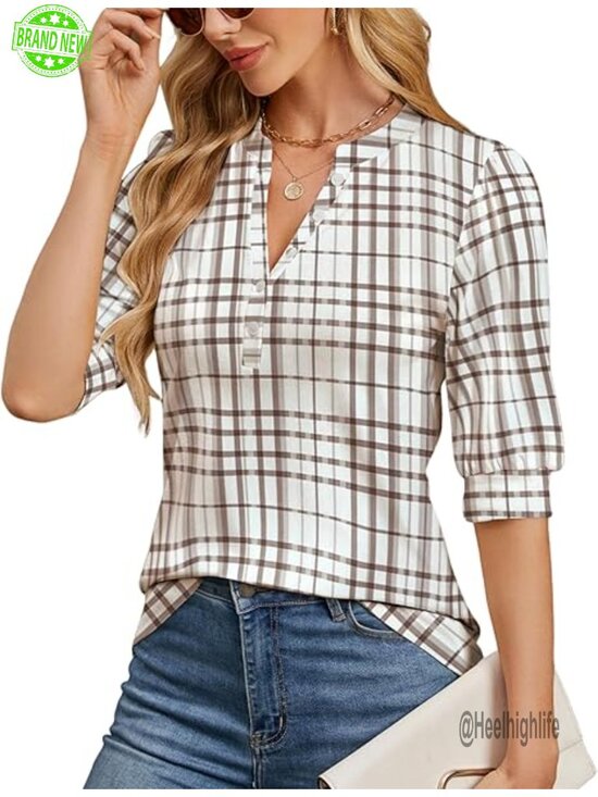Tops - Women's V-Neck Puff Sleeve Blouse Henley Tunic Dressy Casual Knit Top